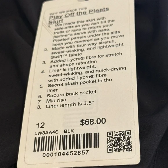 NWT Lululemon Play Off The Pleats Skirt 13" Black Size 12 Tennis Golf Athletic - Picture 4 of 4